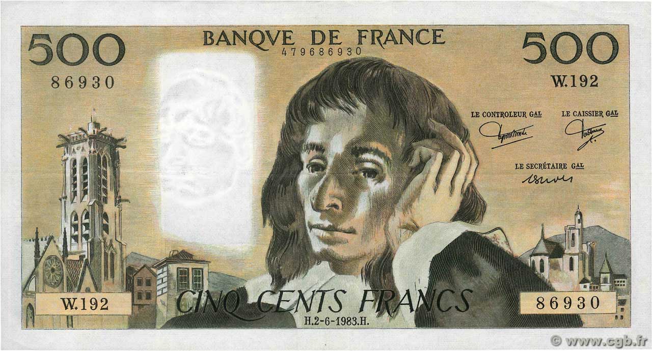 500 Francs PASCAL FRANCE  1983 F.71.29 TTB+