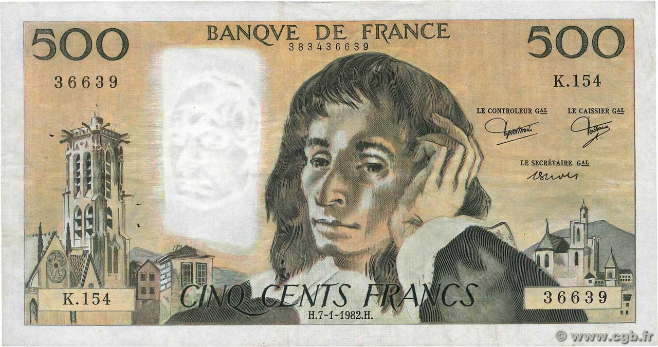 500 Francs PASCAL FRANCE  1982 F.71.26 pr.TTB