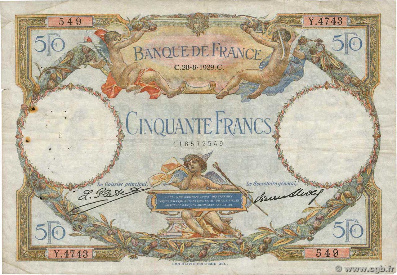 50 Francs LUC OLIVIER MERSON FRANCE  1929 F.15.03 pr.TB