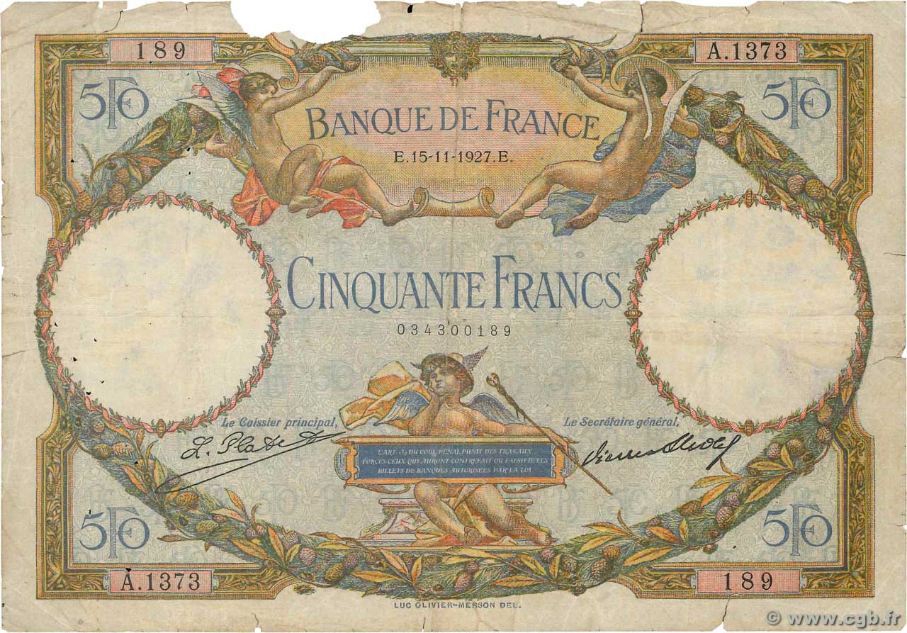 50 Francs LUC OLIVIER MERSON FRANCE  1927 F.15.01 pr.B