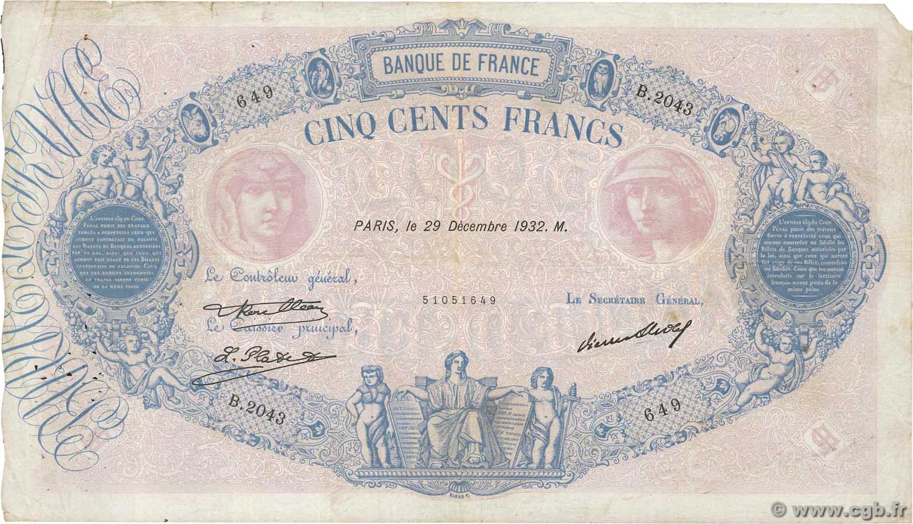 500 Francs BLEU ET ROSE FRANCE  1932 F.30.35 pr.TB