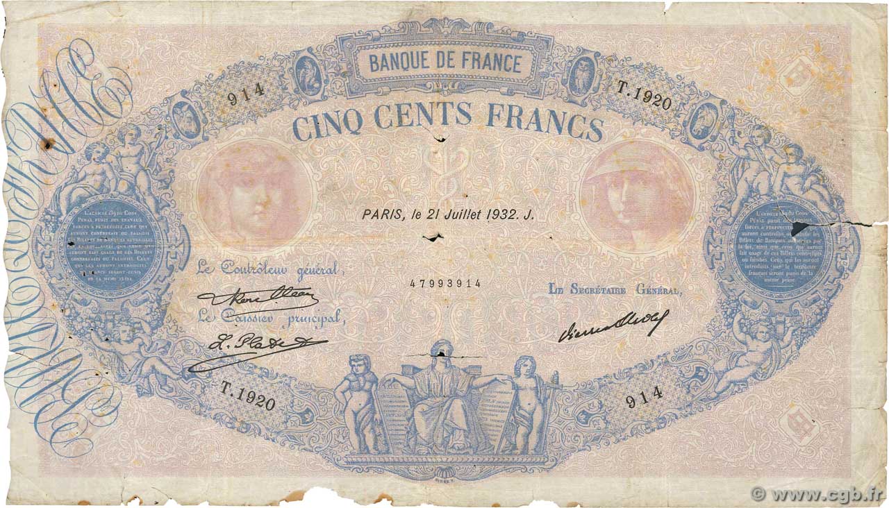 500 Francs BLEU ET ROSE FRANCE  1932 F.30.35 AB
