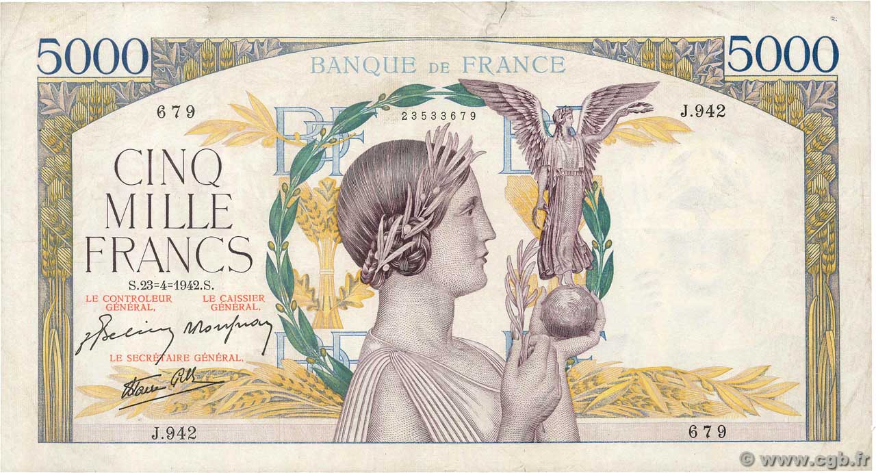 5000 Francs VICTOIRE Impression à plat FRANCIA  1942 F.46.37 BC