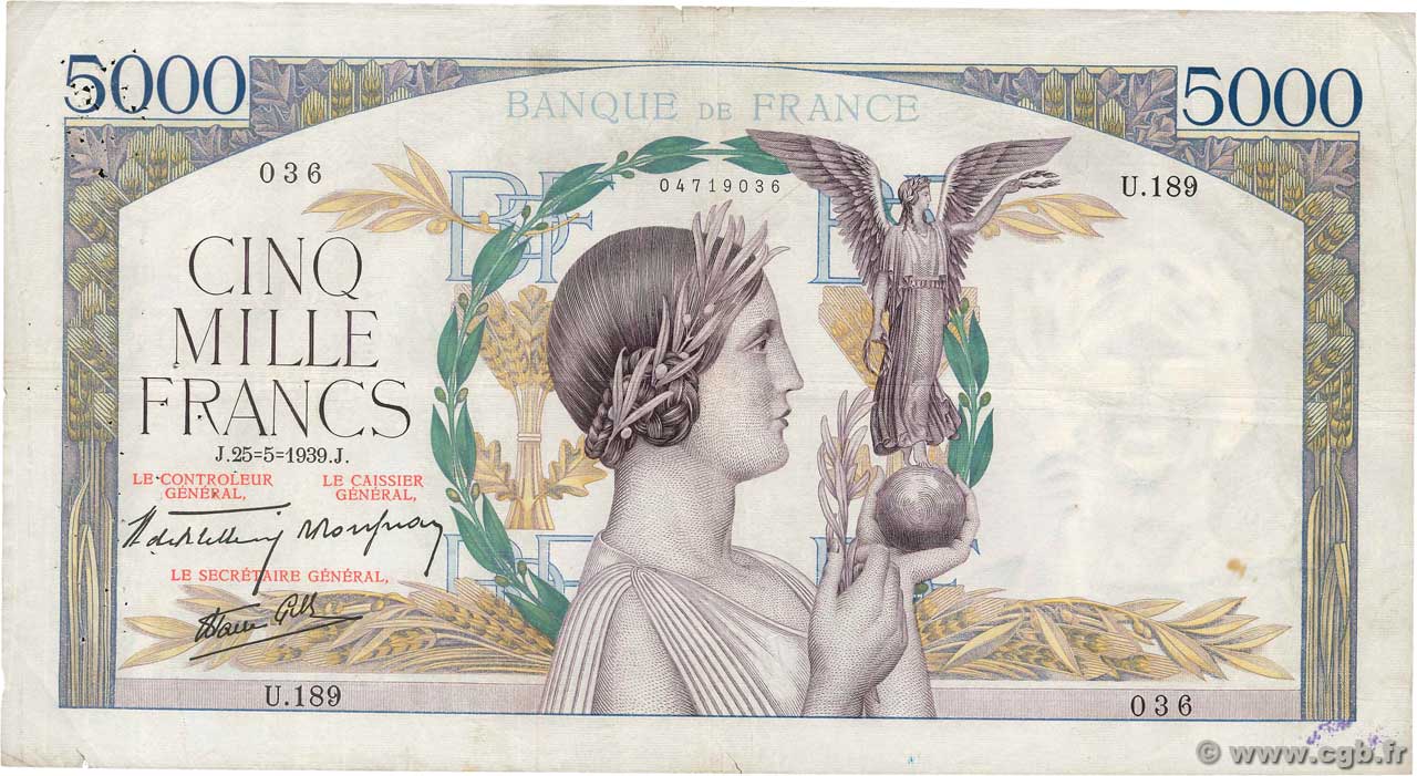 5000 Francs VICTOIRE Impression à plat FRANCE  1939 F.46.06 TB