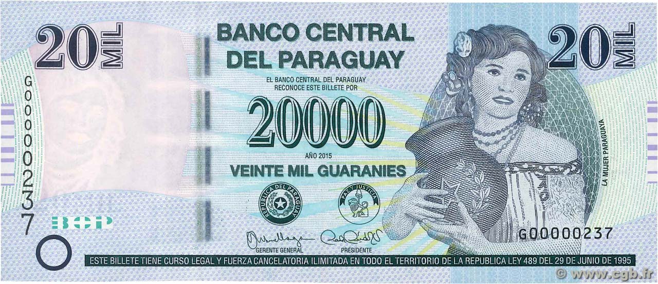 20000 Guaranies Petit numéro PARAGUAY  2015 P.238b q.FDC