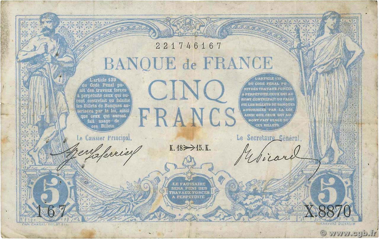 5 Francs BLEU FRANKREICH  1915 F.02.33 S
