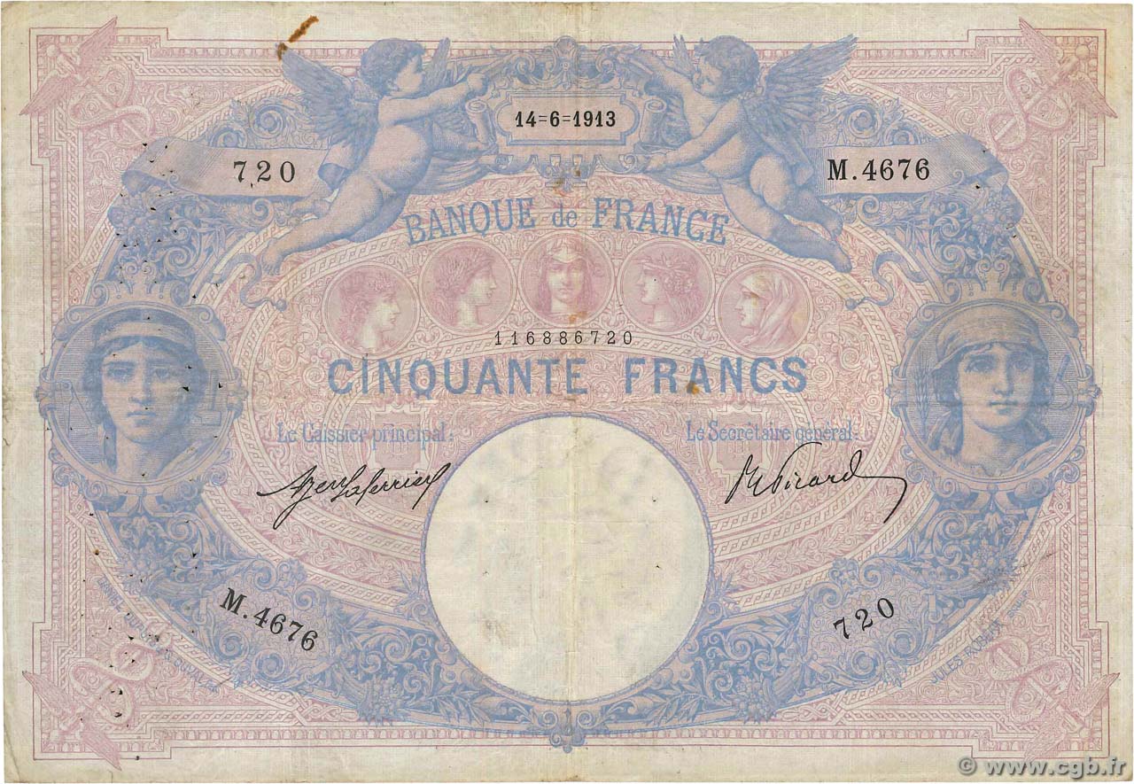 50 Francs BLEU ET ROSE FRANKREICH  1913 F.14.26 S