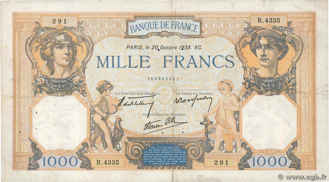 1000 Francs CÉRÈS ET MERCURE type modifié FRANCE  1938 F.38.30 TB+