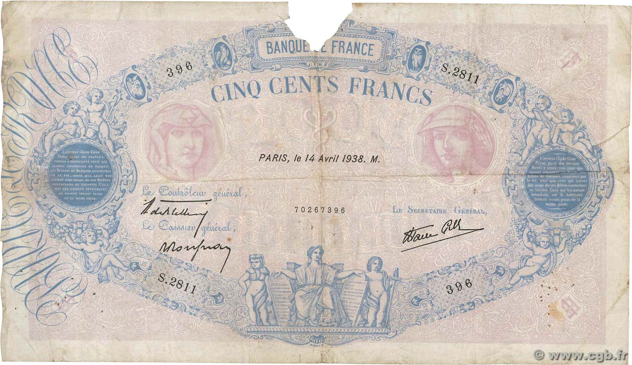 500 Francs BLEU ET ROSE modifié FRANCE  1938 F.31.08 G