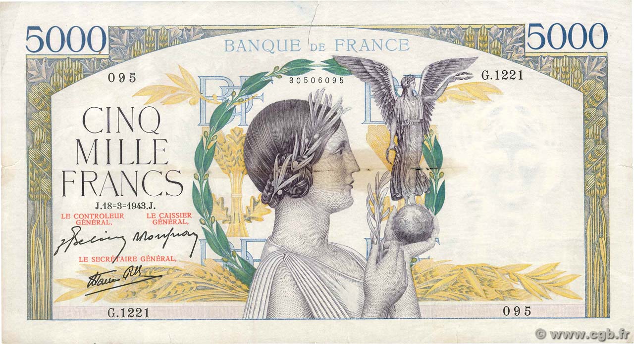 5000 Francs VICTOIRE Impression à plat FRANCE  1943 F.46.49 pr.TB