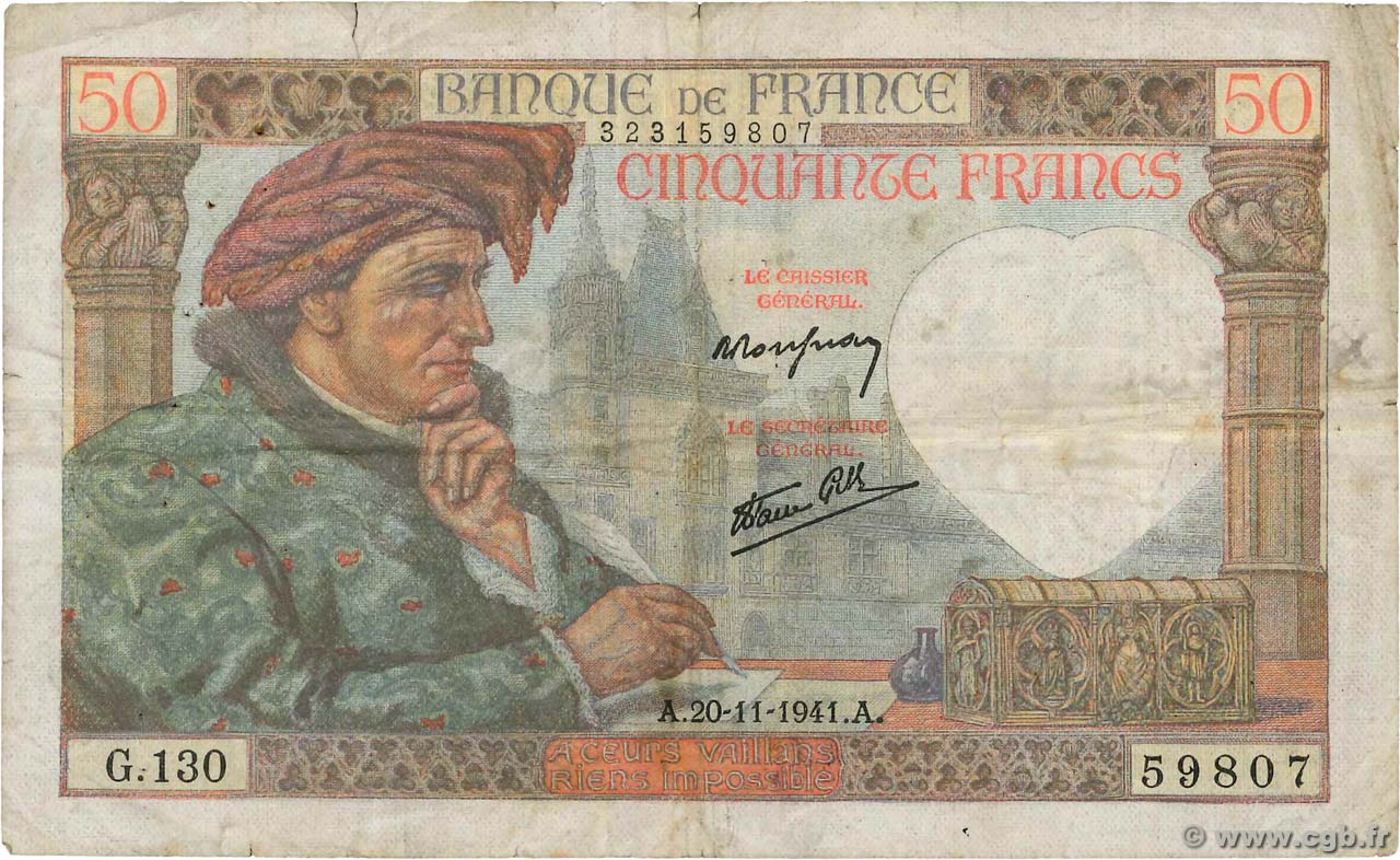 50 Francs JACQUES CŒUR FRANCE  1941 F.19.16 pr.TB