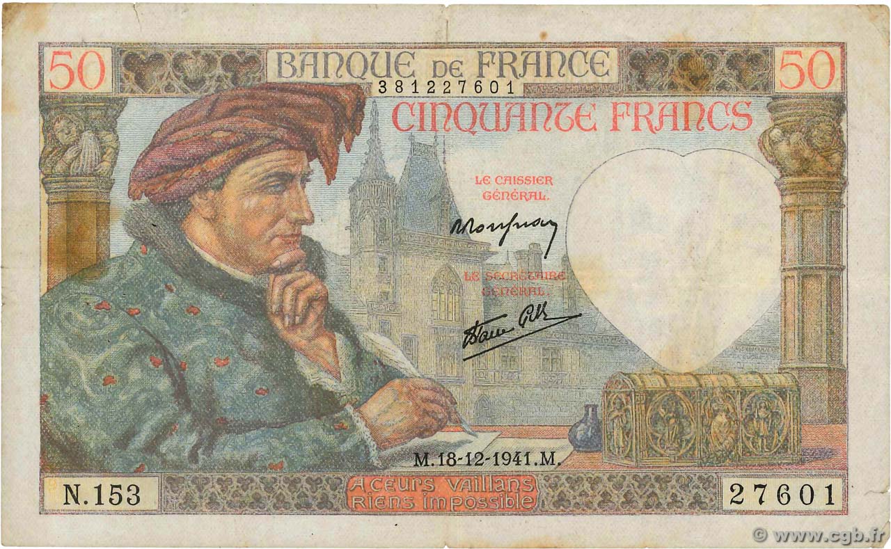50 Francs JACQUES CŒUR FRANKREICH  1941 F.19.17 S