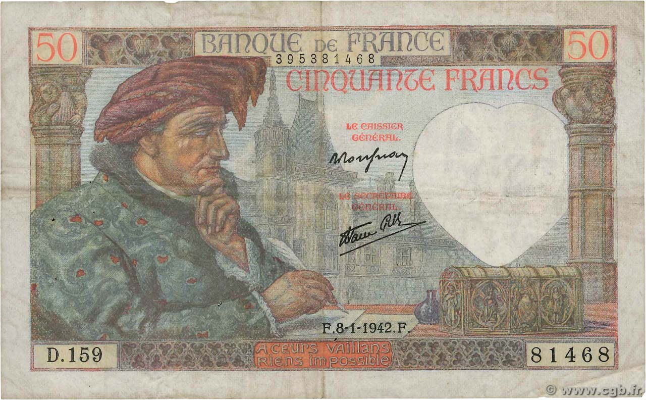 50 Francs JACQUES CŒUR FRANCE  1942 F.19.18 TB