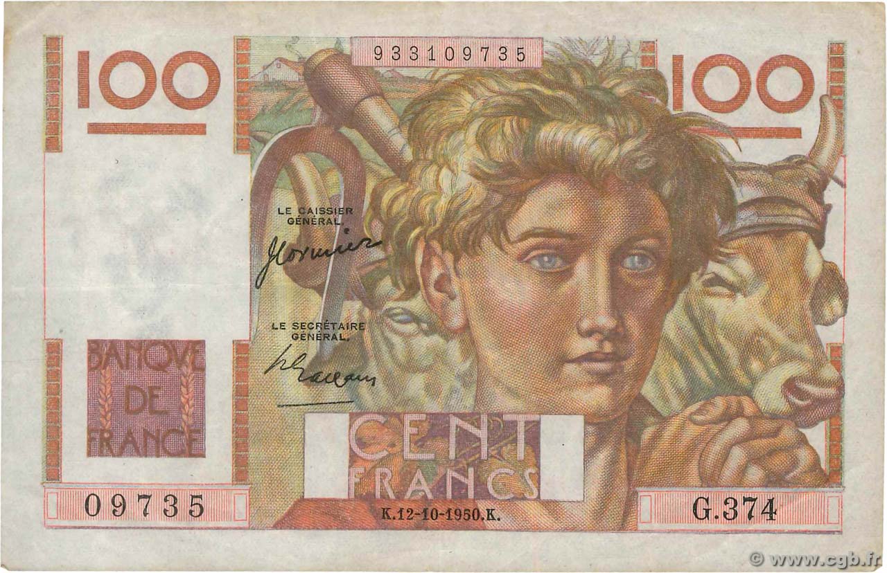 100 Francs JEUNE PAYSAN FRANCE  1950 F.28.27 TB+