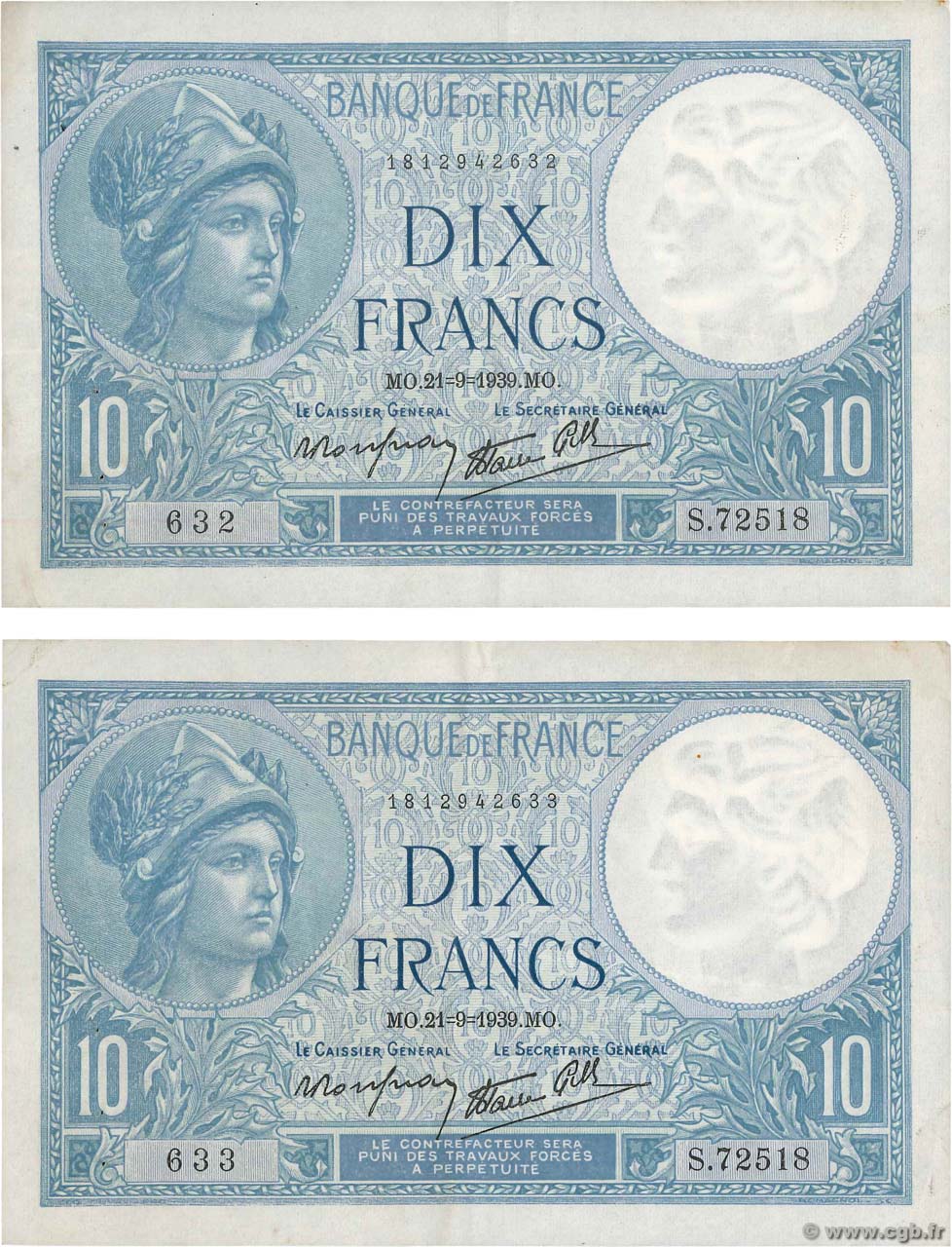 10 Francs MINERVE modifié Consécutifs FRANCE  1939 F.07.08 VF+