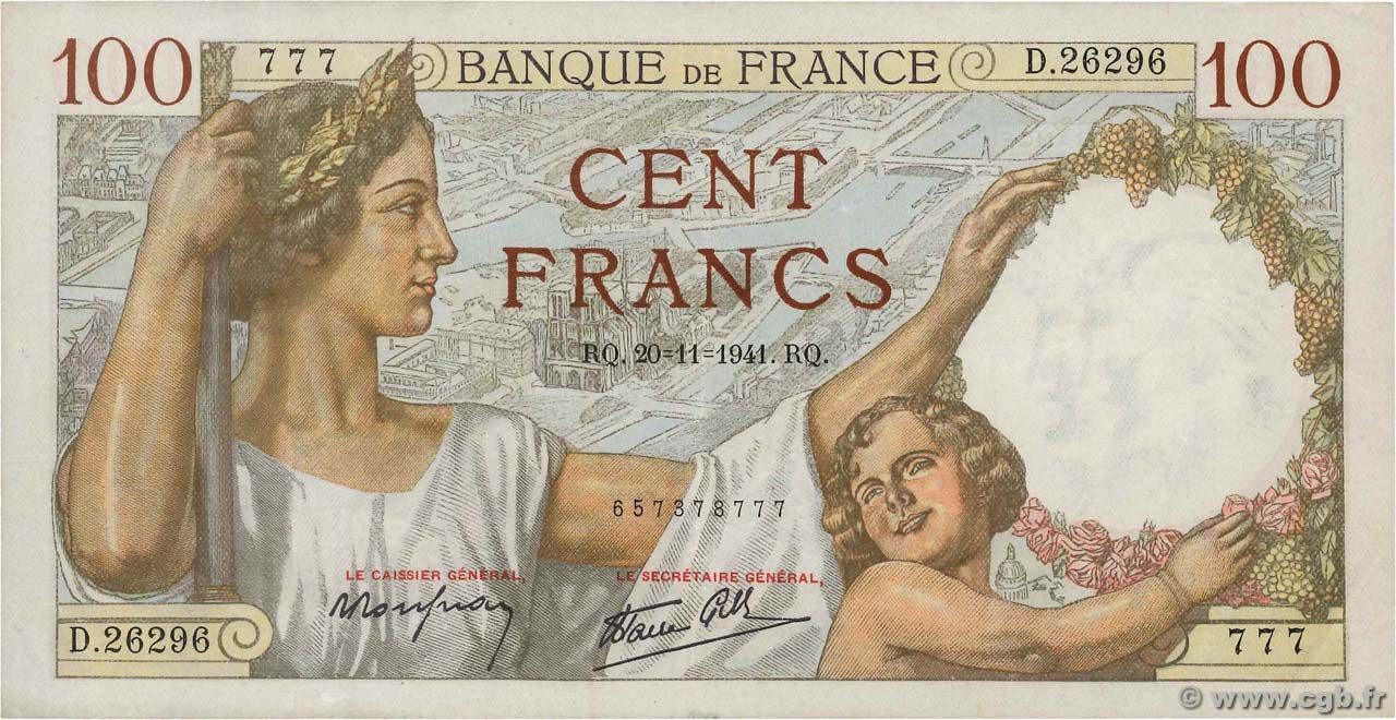 100 Francs SULLY FRANCE  1941 F.26.61 TTB
