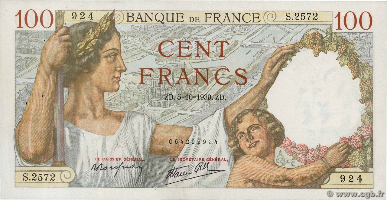 100 Francs SULLY FRANKREICH  1939 F.26.09 fVZ