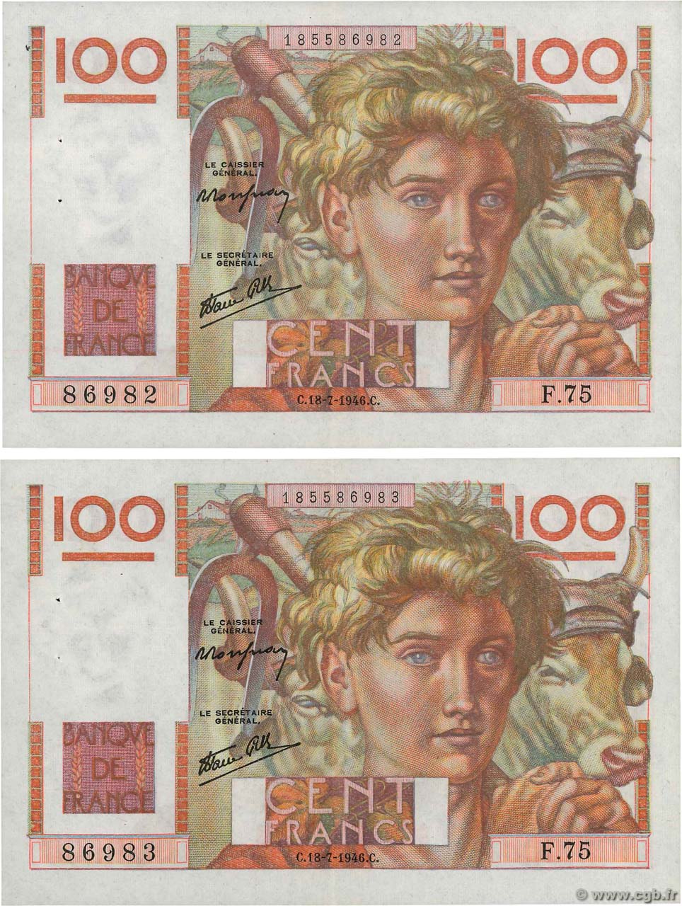100 Francs JEUNE PAYSAN Consécutifs FRANCIA  1946 F.28.08 EBC