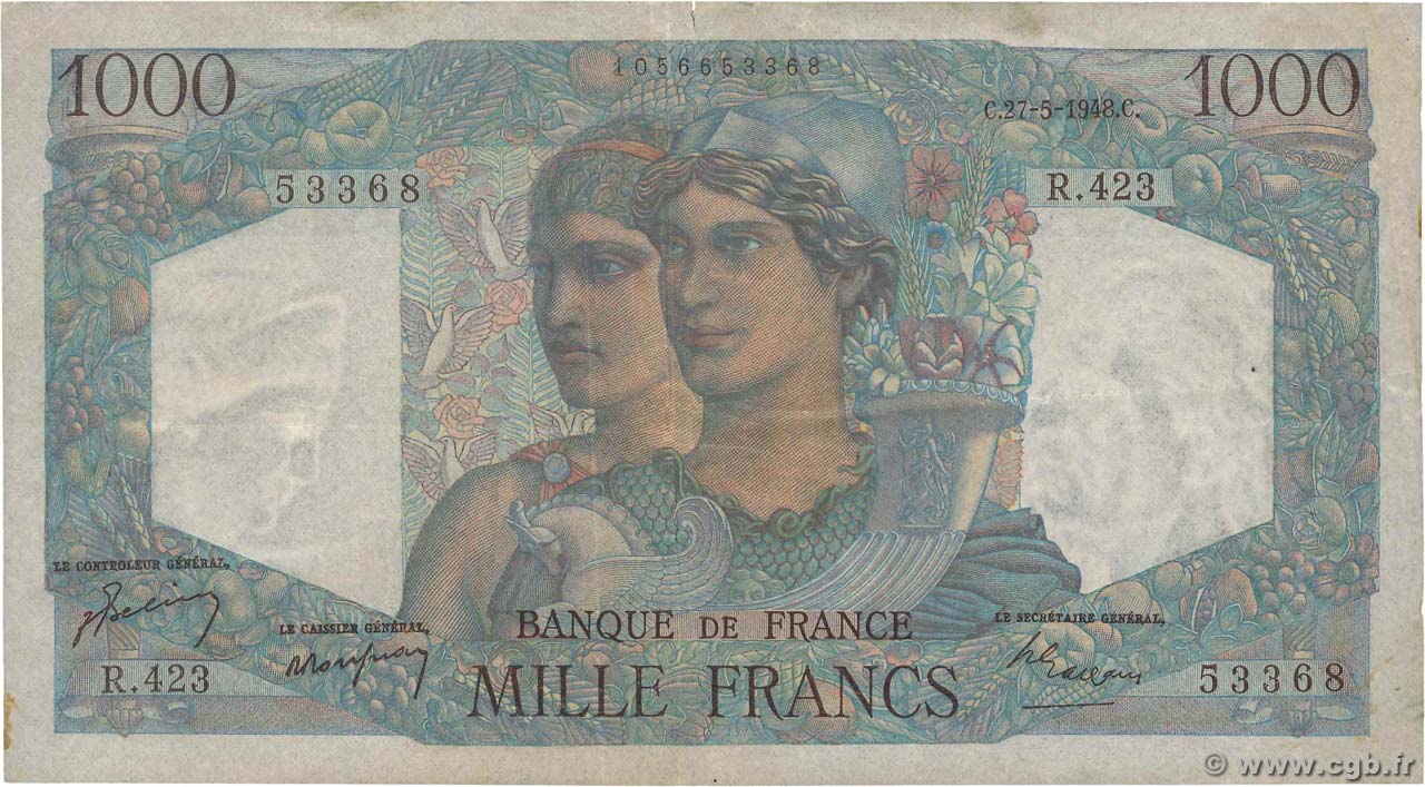1000 Francs MINERVE ET HERCULE FRANCE  1948 F.41.21 TB