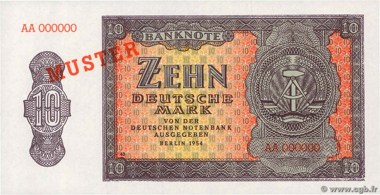 10 Deutsche Mark Échantillon REPúBLICA DEMOCRáTICA ALEMANA  1954  FDC