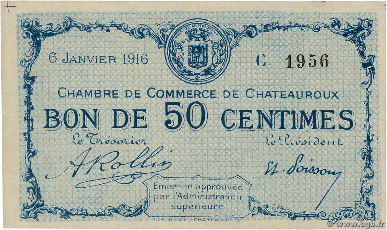 50 Centimes FRANCE régionalisme et divers Chateauroux 1916 JP.046.14 SPL