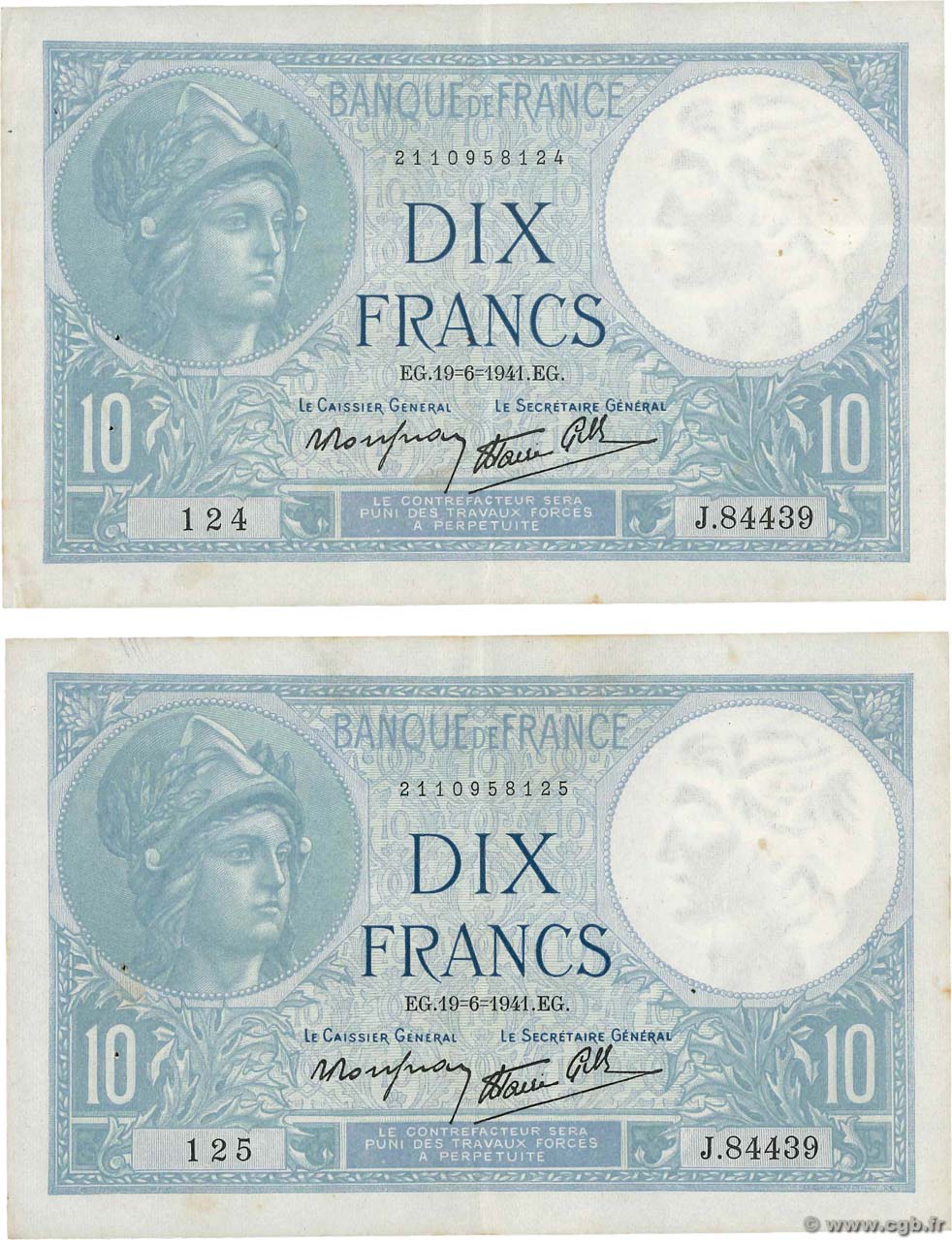 10 Francs MINERVE modifié Consécutifs FRANCE  1941 F.07.29 VF