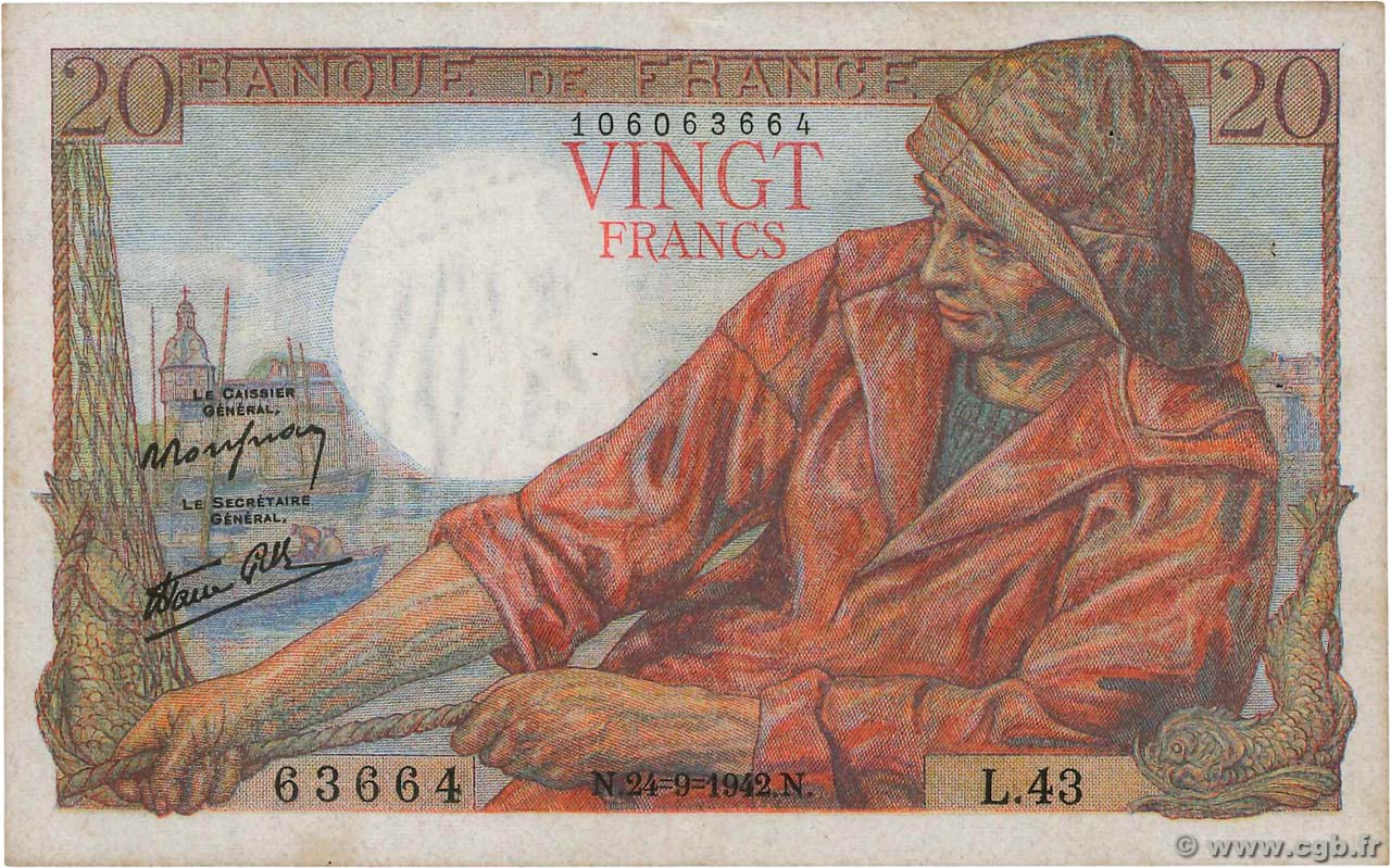 20 Francs PÊCHEUR FRANCE  1942 F.13.03 TTB