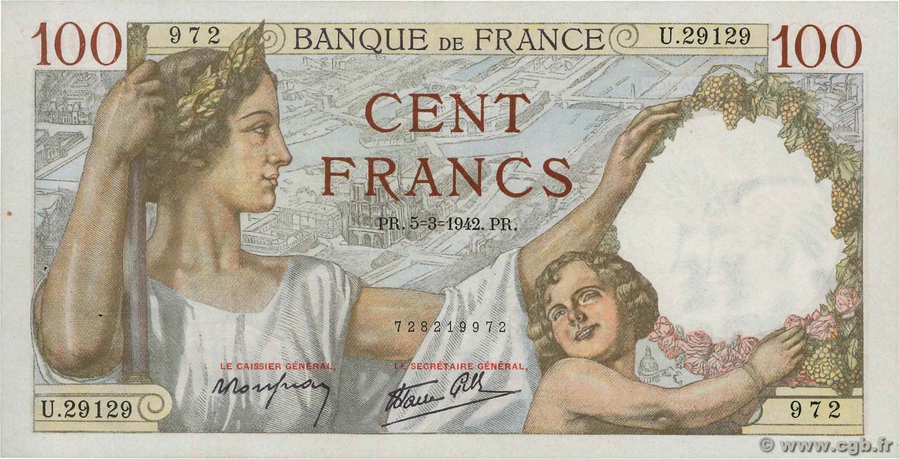 100 Francs SULLY FRANCE  1942 F.26.67 SUP