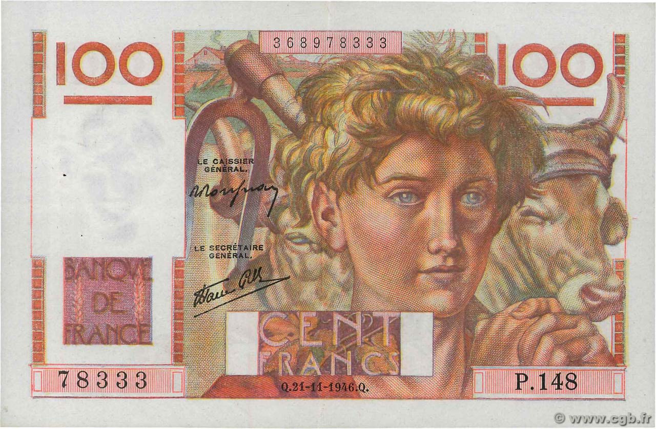 100 Francs JEUNE PAYSAN FRANKREICH  1946 F.28.11 fVZ