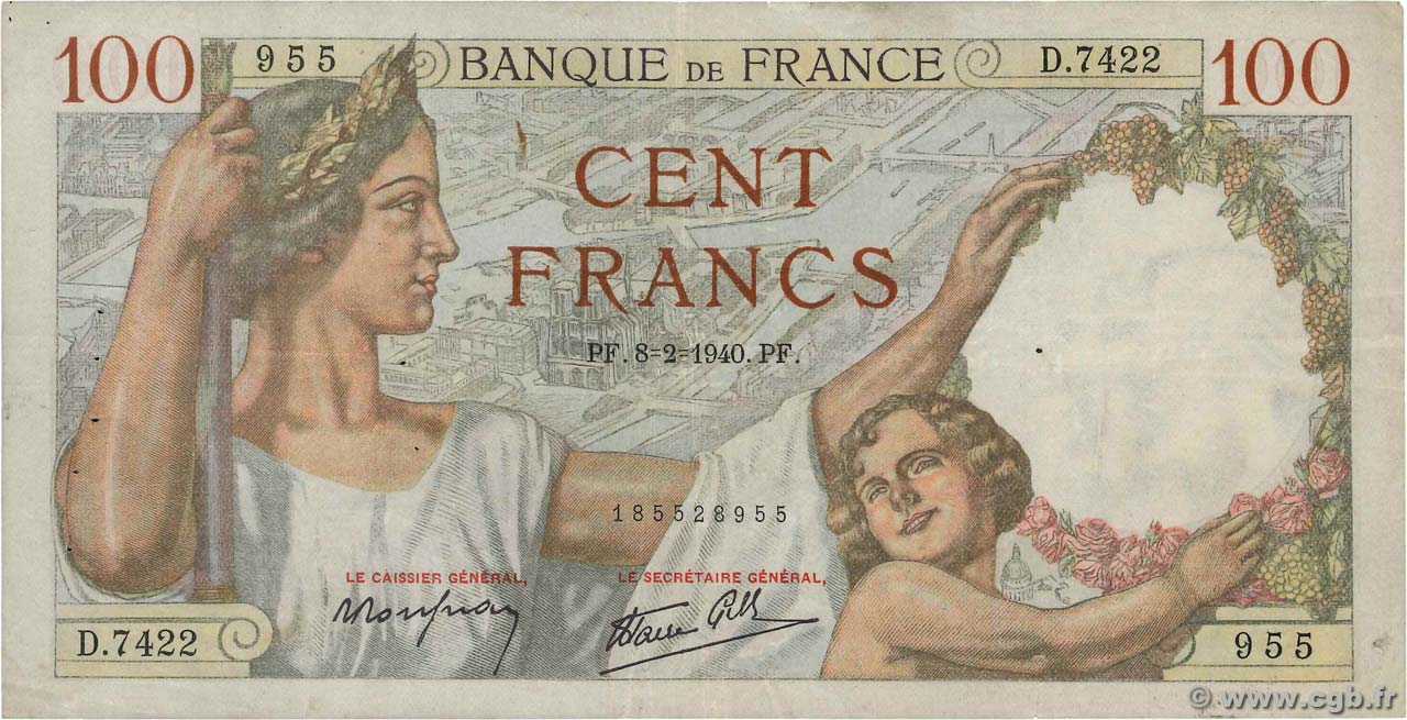 100 Francs SULLY FRANCE  1940 F.26.22 TB