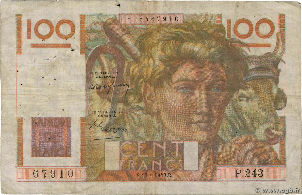 100 Francs JEUNE PAYSAN FRANKREICH  1948 F.28.17 SGE