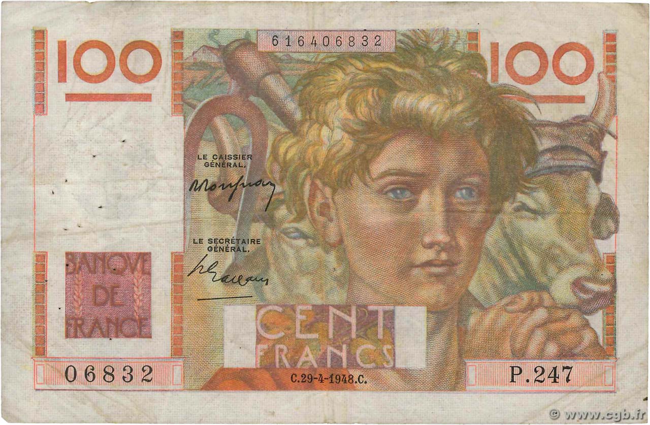 100 Francs JEUNE PAYSAN FRANCE  1948 F.28.18 TB