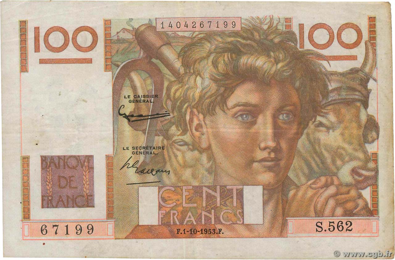 100 Francs JEUNE PAYSAN FRANCE  1953 F.28.39 TB