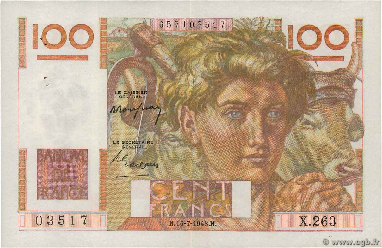 100 Francs JEUNE PAYSAN FRANCIA  1948 F.28.19 MBC+
