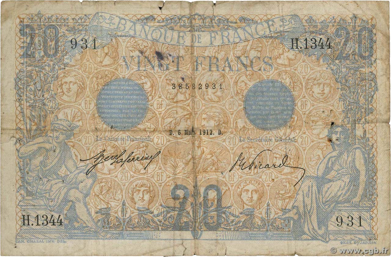 20 Francs BLEU FRANKREICH  1912 F.10.02 fSGE