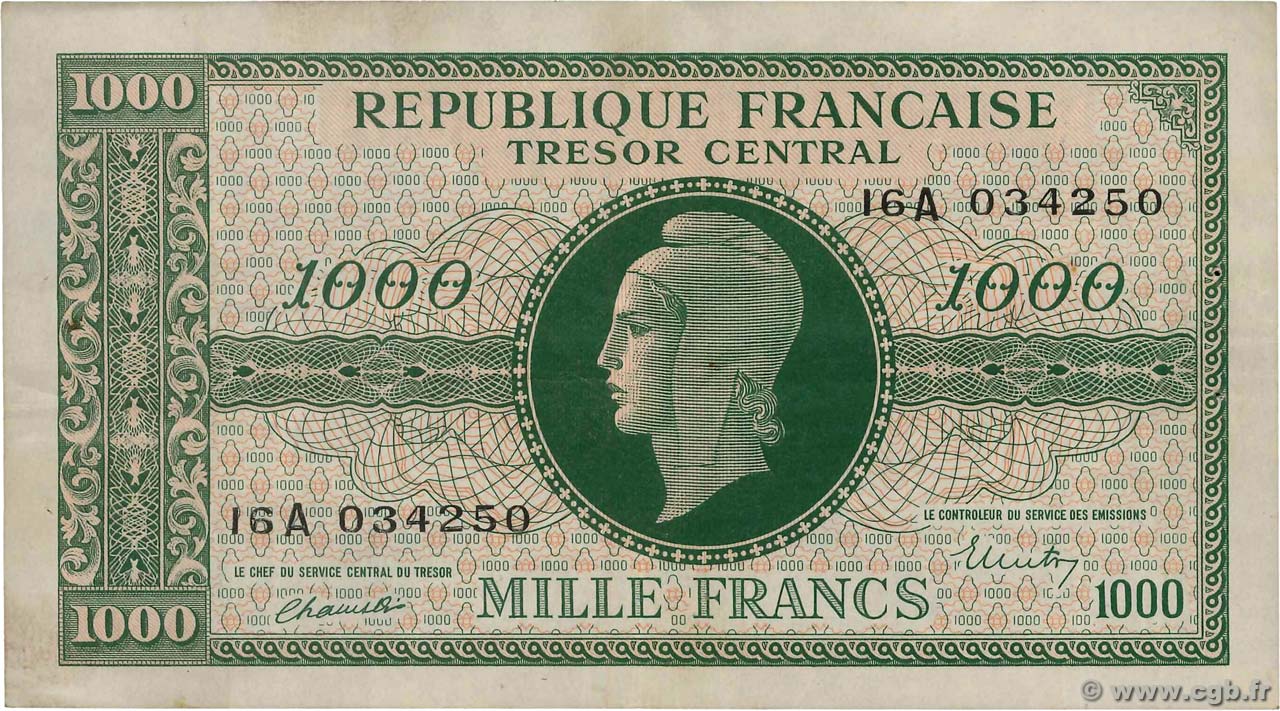 1000 Francs MARIANNE BANQUE D ANGLETERRE FRANCIA  1945 VF.12.01 BB