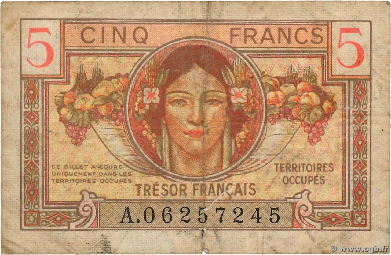 5 Francs TRÉSOR FRANÇAIS FRANCIA  1947 VF.29.01 q.MB