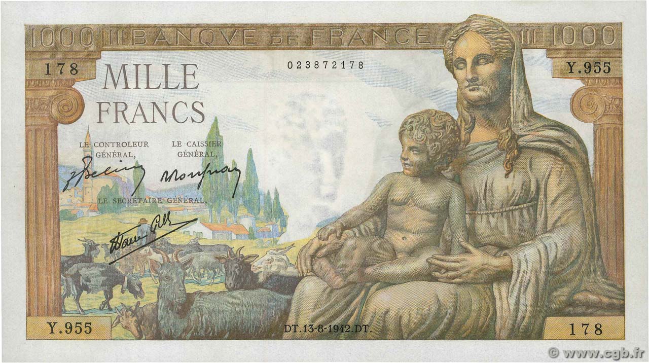 1000 Francs DÉESSE DÉMÉTER FRANCIA  1942 F.40.04 SC+