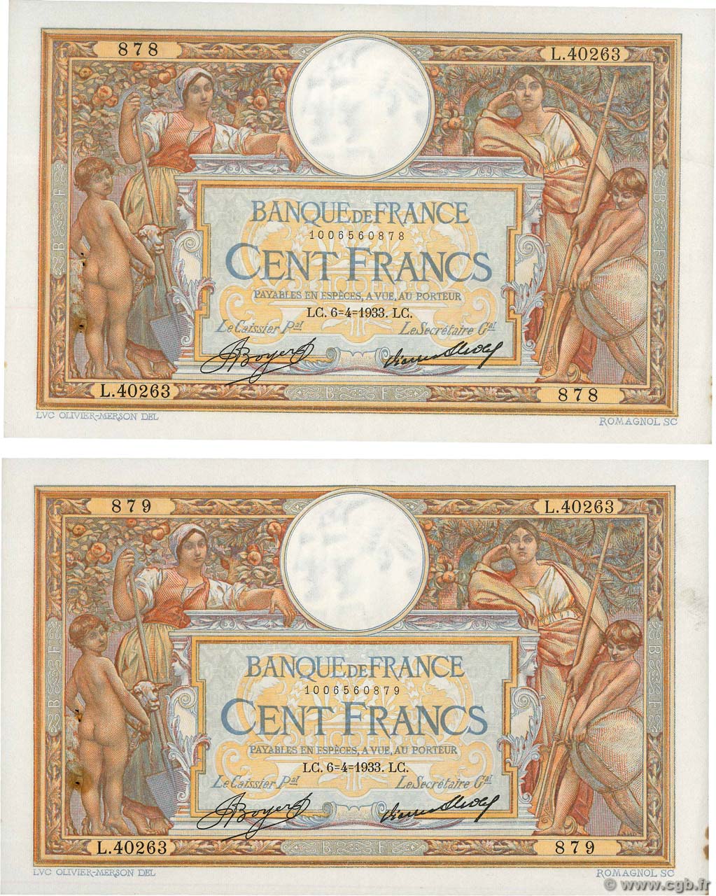 100 Francs LUC OLIVIER MERSON grands cartouches Lot FRANCE  1933 F.24.12 VF+