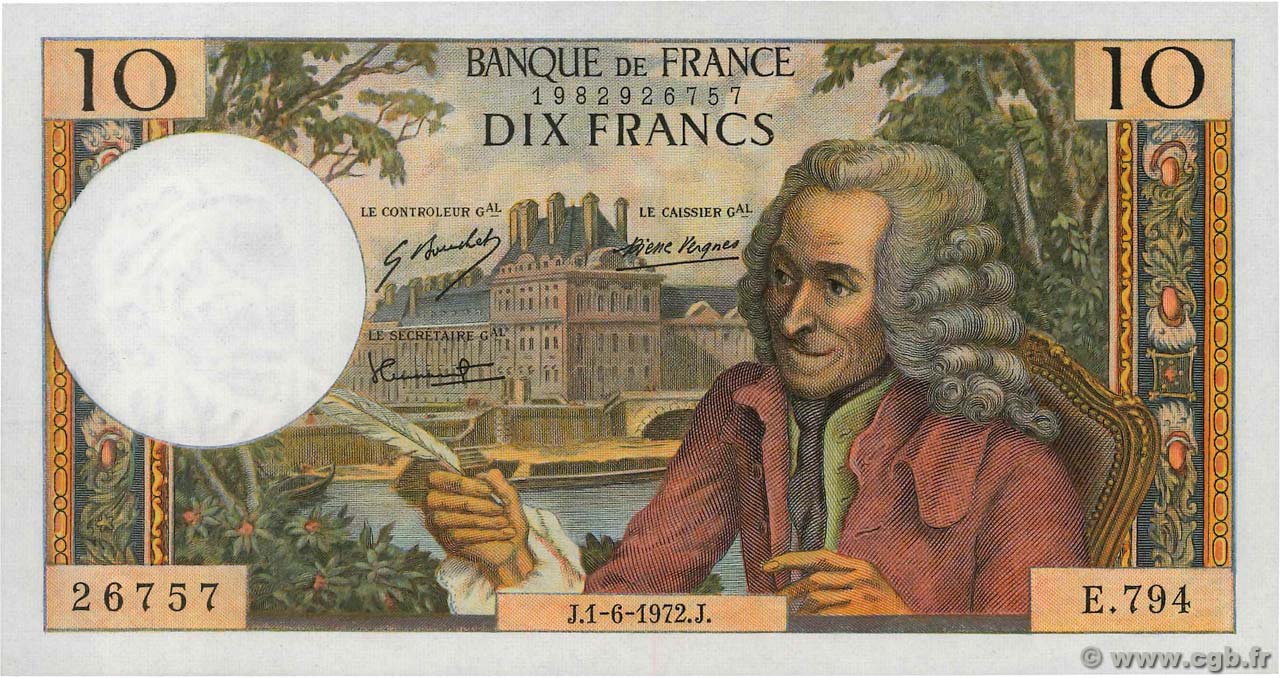 10 Francs VOLTAIRE FRANCE  1972 F.62.57 AU-