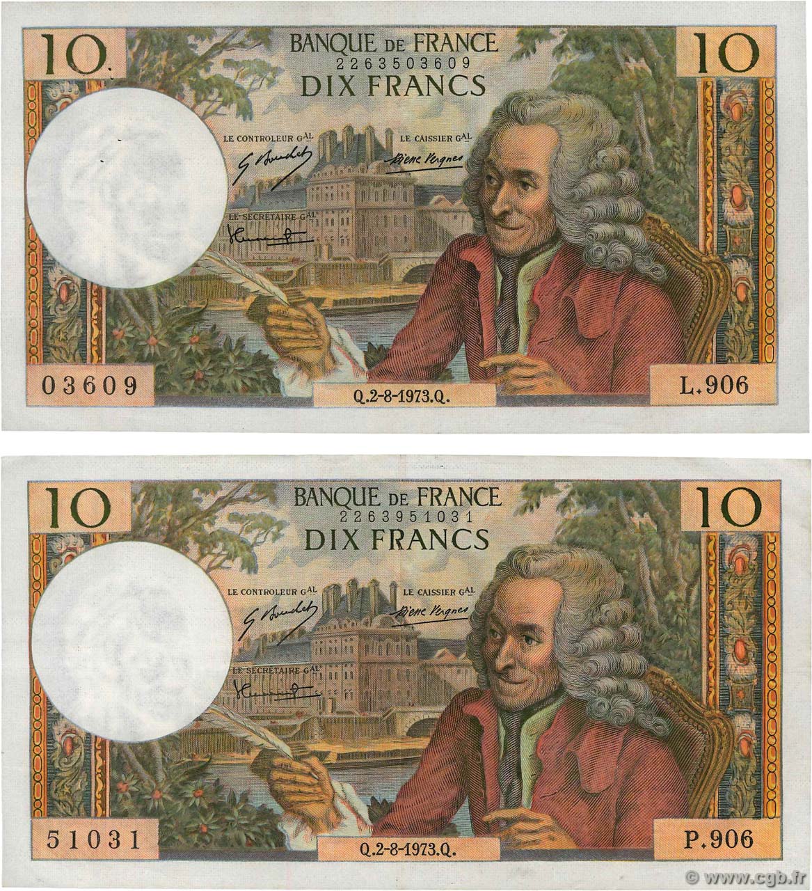 10 Francs VOLTAIRE Lot FRANCE  1973 F.62.63 VF