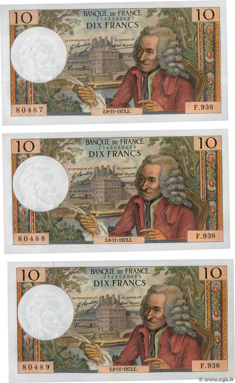 10 Francs VOLTAIRE Consécutifs FRANKREICH  1973 F.62.64 fST