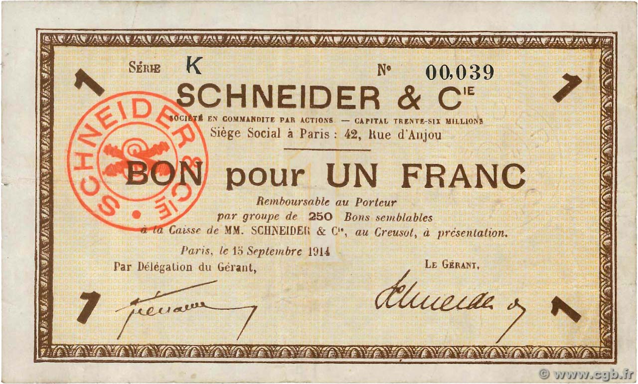 1 Franc FRANCE Regionalismus und verschiedenen Le Creusot 1914 JP.71-06 fSS