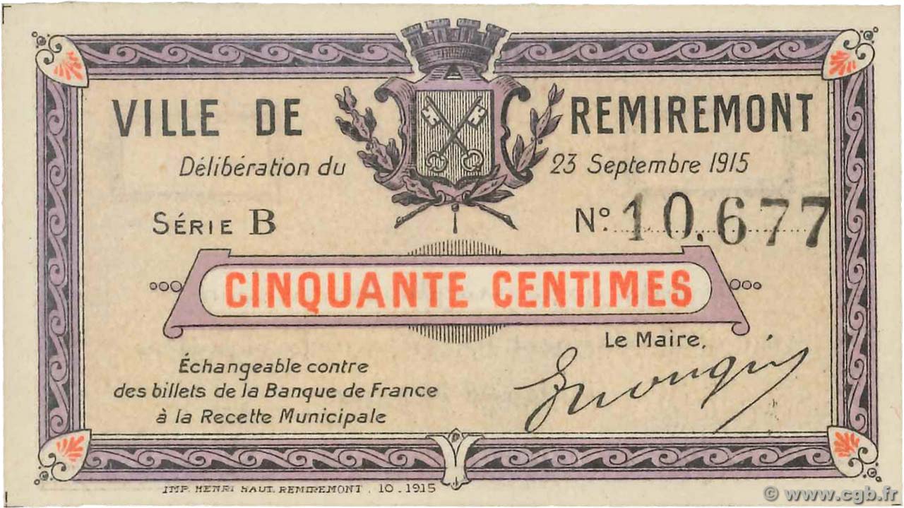 50 Centimes FRANCE regionalism and miscellaneous Remiremont 1915 JP.88.062 UNC