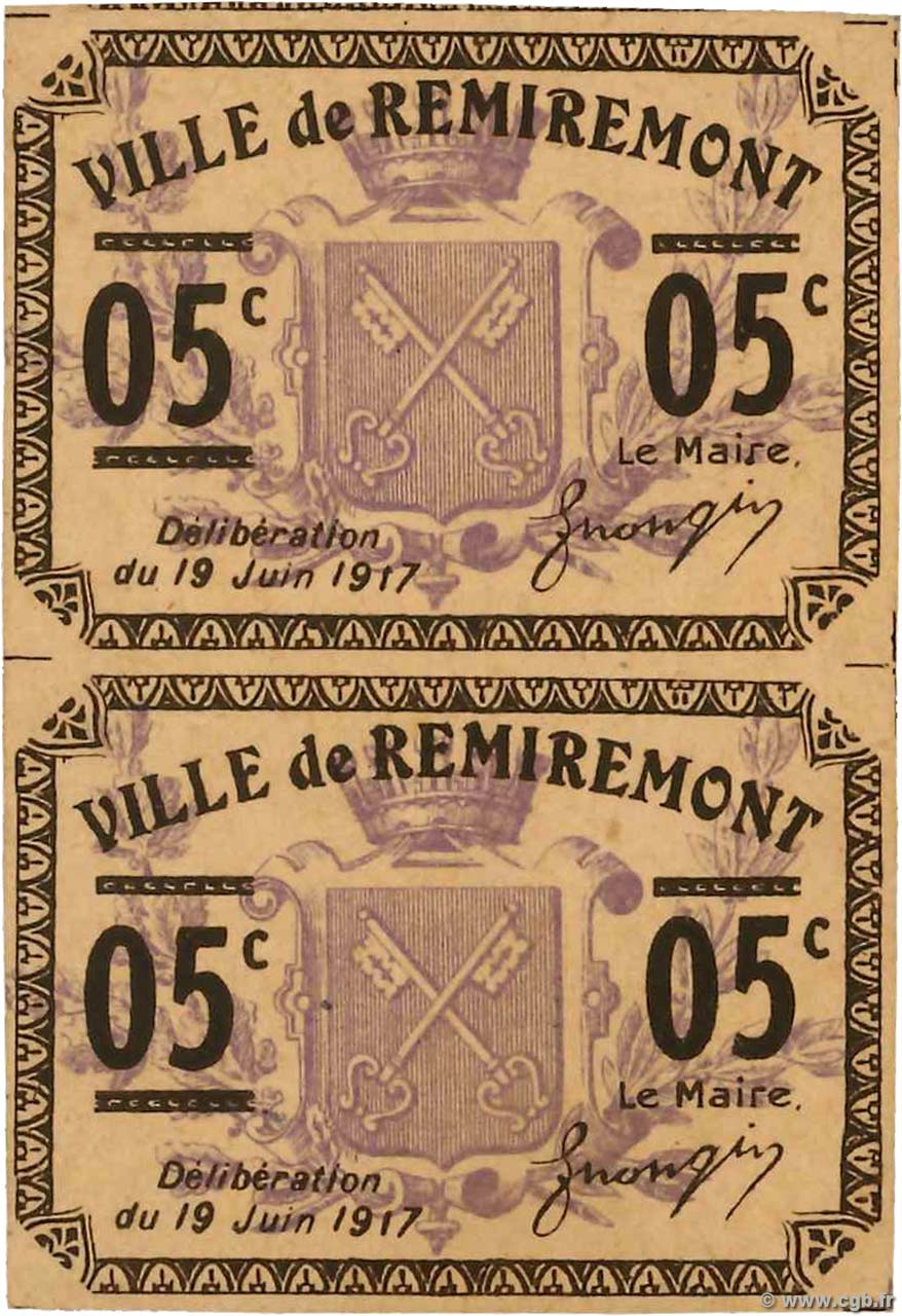 5 Centimes FRANCE régionalisme et divers Remiremont 1917 JP.88-069 NEUF