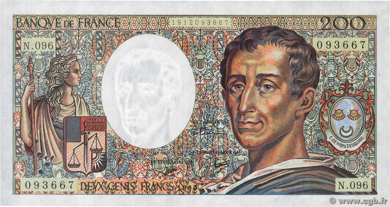 200 Francs MONTESQUIEU FRANCIA  1990 F.70.10b q.SPL