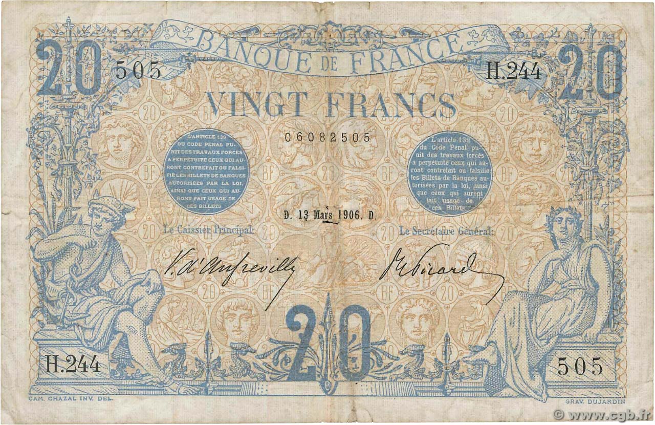 20 Francs BLEU FRANCE  1906 F.10.01 pr.TB