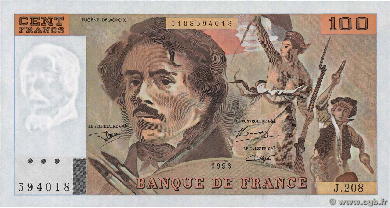 100 Francs DELACROIX imprimé en continu FRANCIA  1993 F.69bis.05 SC+