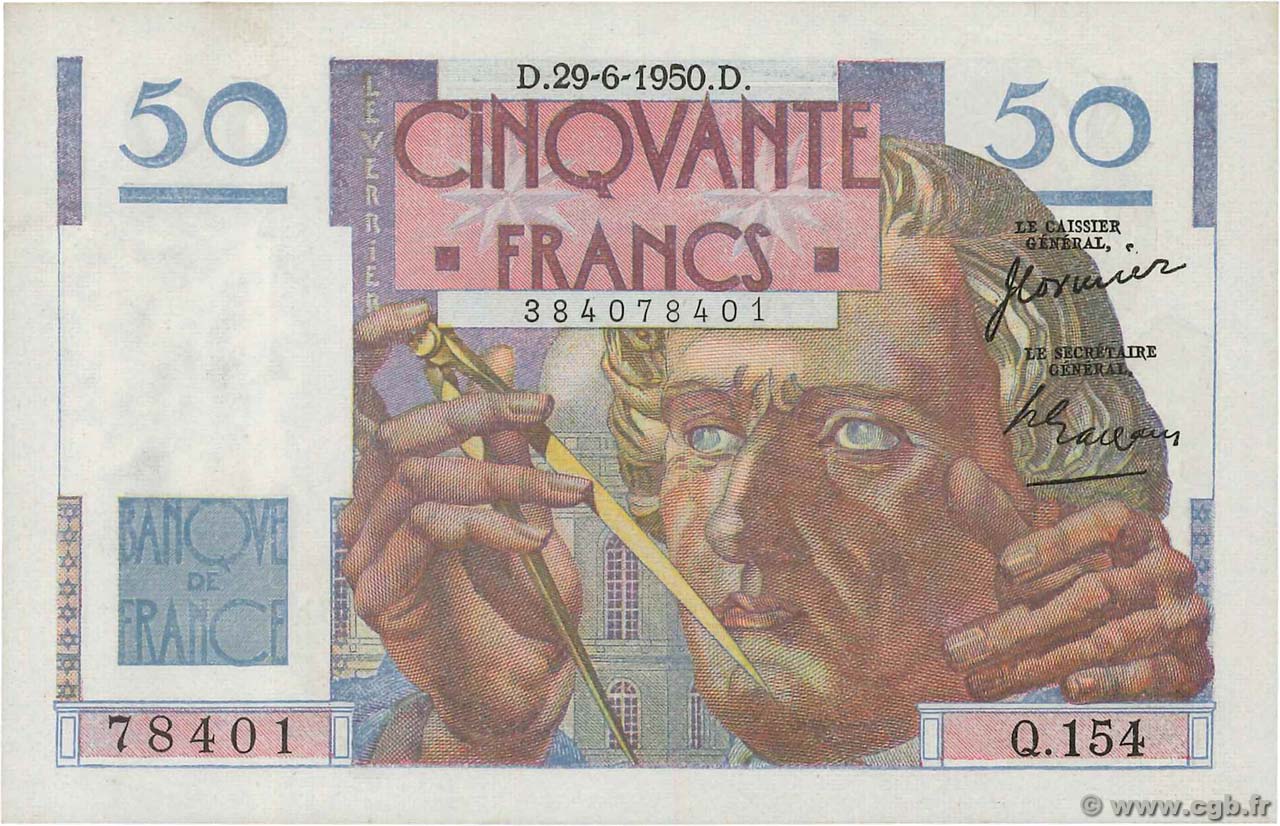 50 Francs LE VERRIER FRANKREICH  1950 F.20.15 VZ+