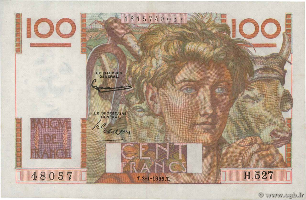 100 Francs JEUNE PAYSAN FRANCE  1953 F.28.35 AU-